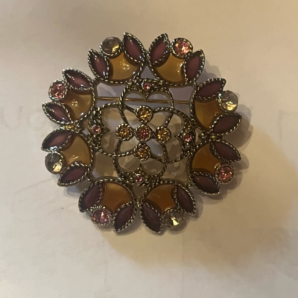 Elegant Plique-a-jour Floral Brooch with Brown Pink and Gold Accents